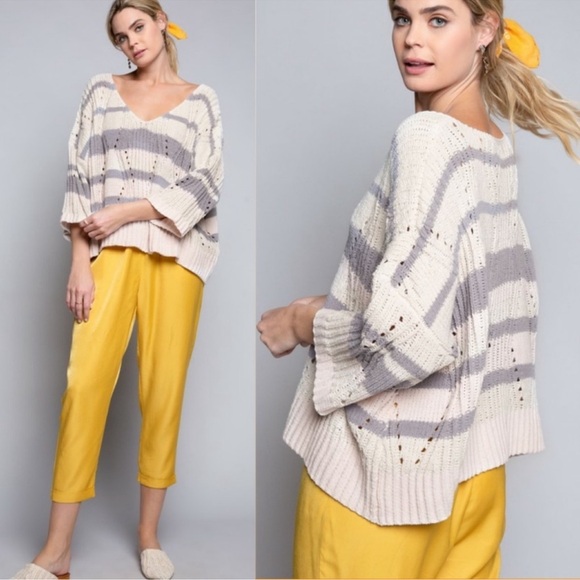 23. POL Pretty Chenille Cream and Gray V-neck Oversized Sweater - Picture 3 of 5